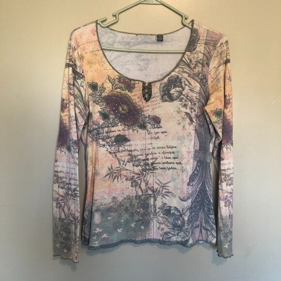 Graphic Print Long Sleeve Scoop Neck Jersey Shirt Top Size XL - Picture 1 of 4